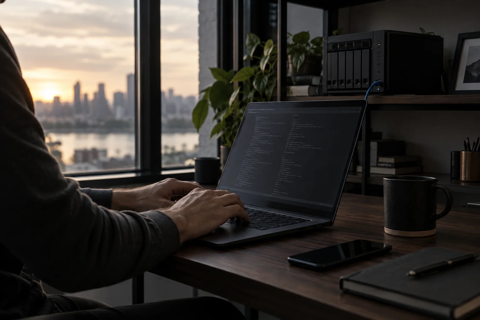 A developer working on a laptop beside a compact home server and a sunlit window.
