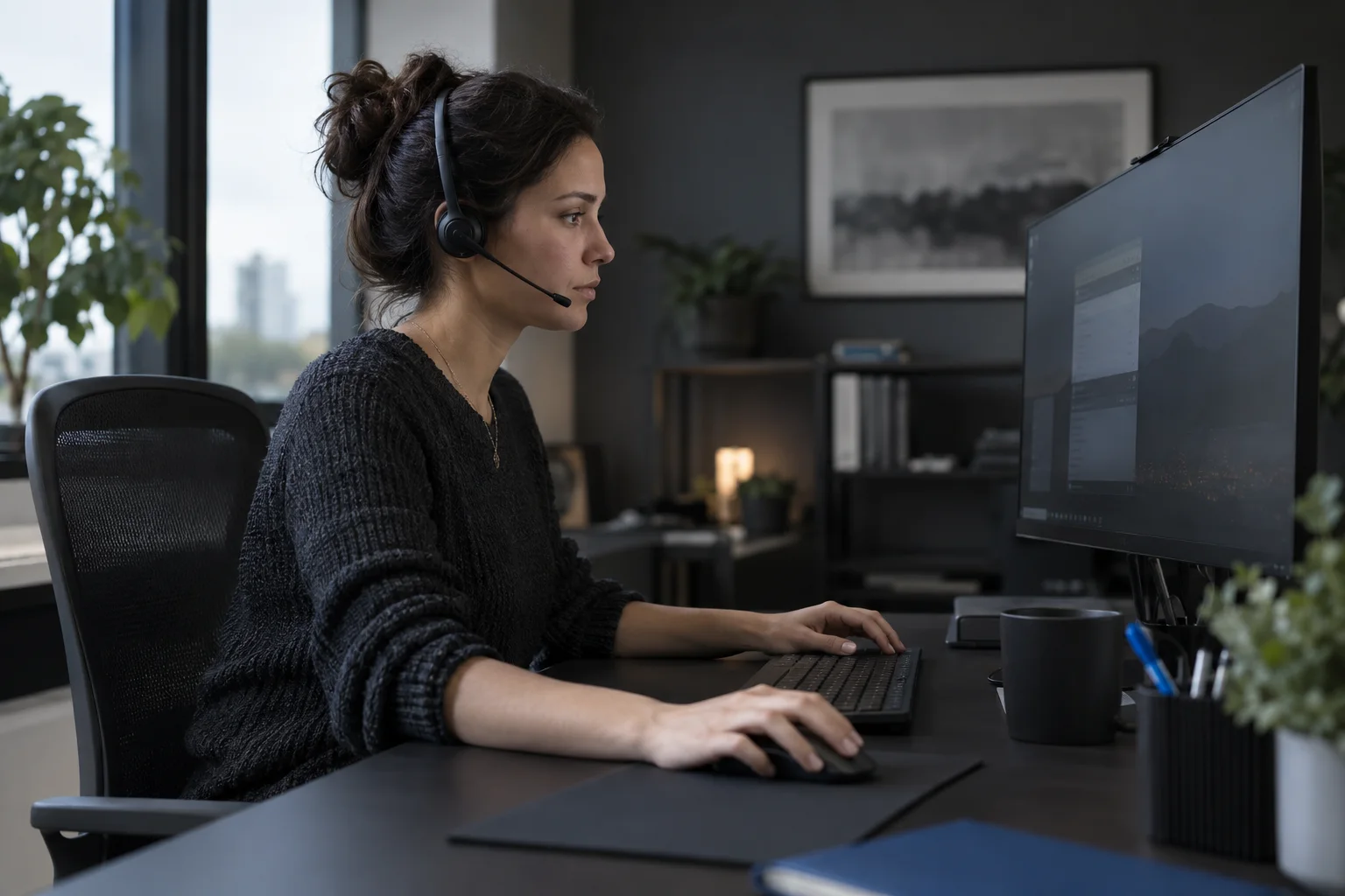 An IT support professional wearing a headset while working at a desktop monitor.