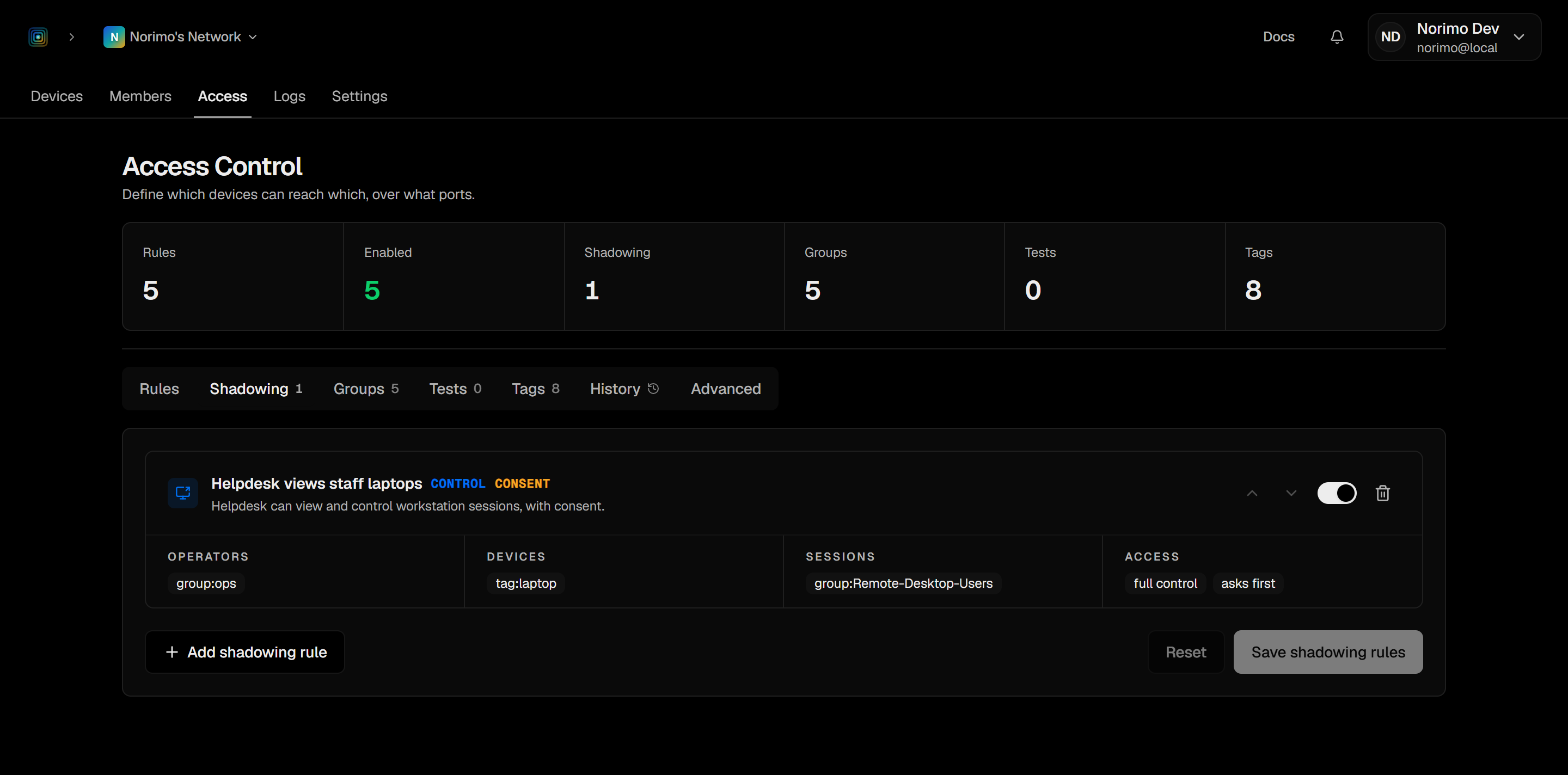 The access policy editor in the Peerlify console, showing a shadowing rule with control and consent enabled alongside traffic rules