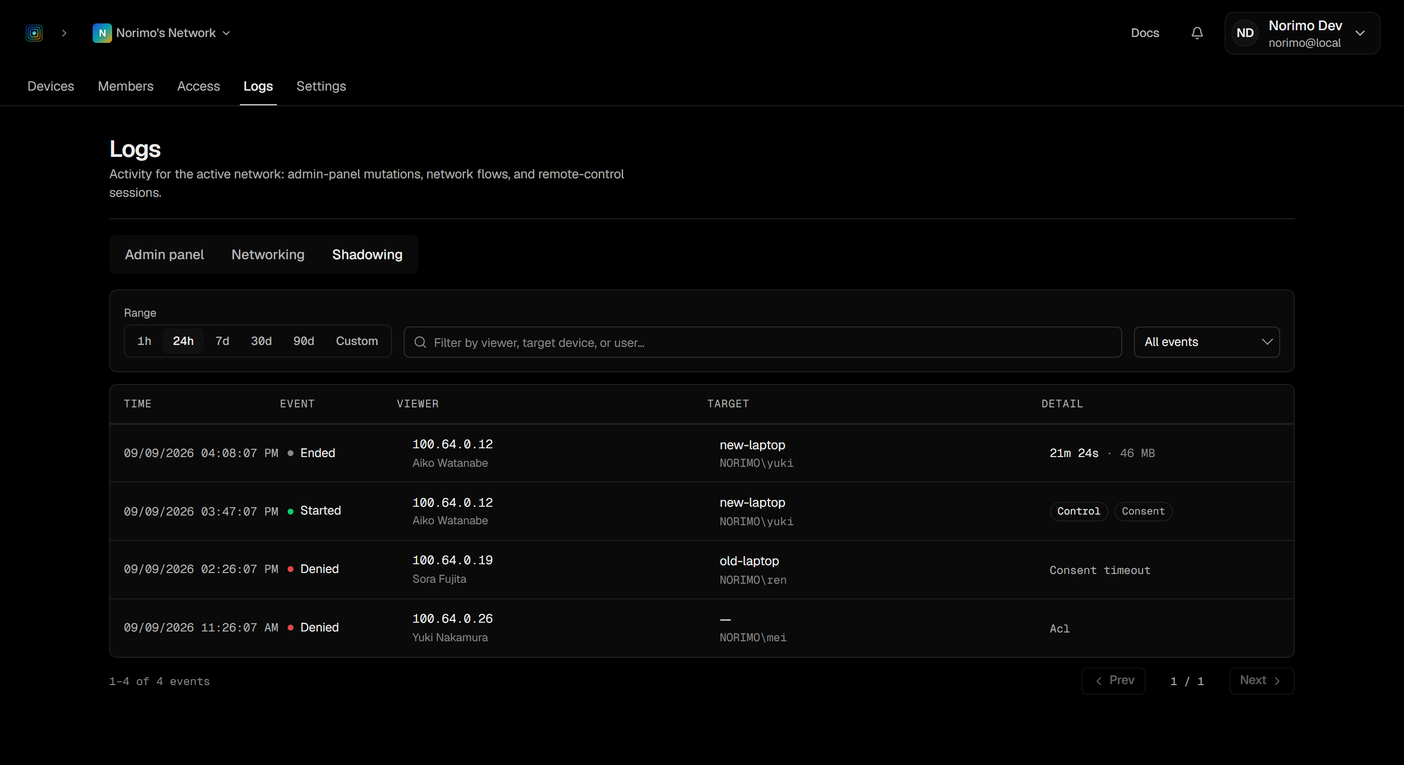 The Peerlify Shadowing log lists ended, started, and denied events, with viewer, target, duration, and denial reasons including Consent timeout and Acl.